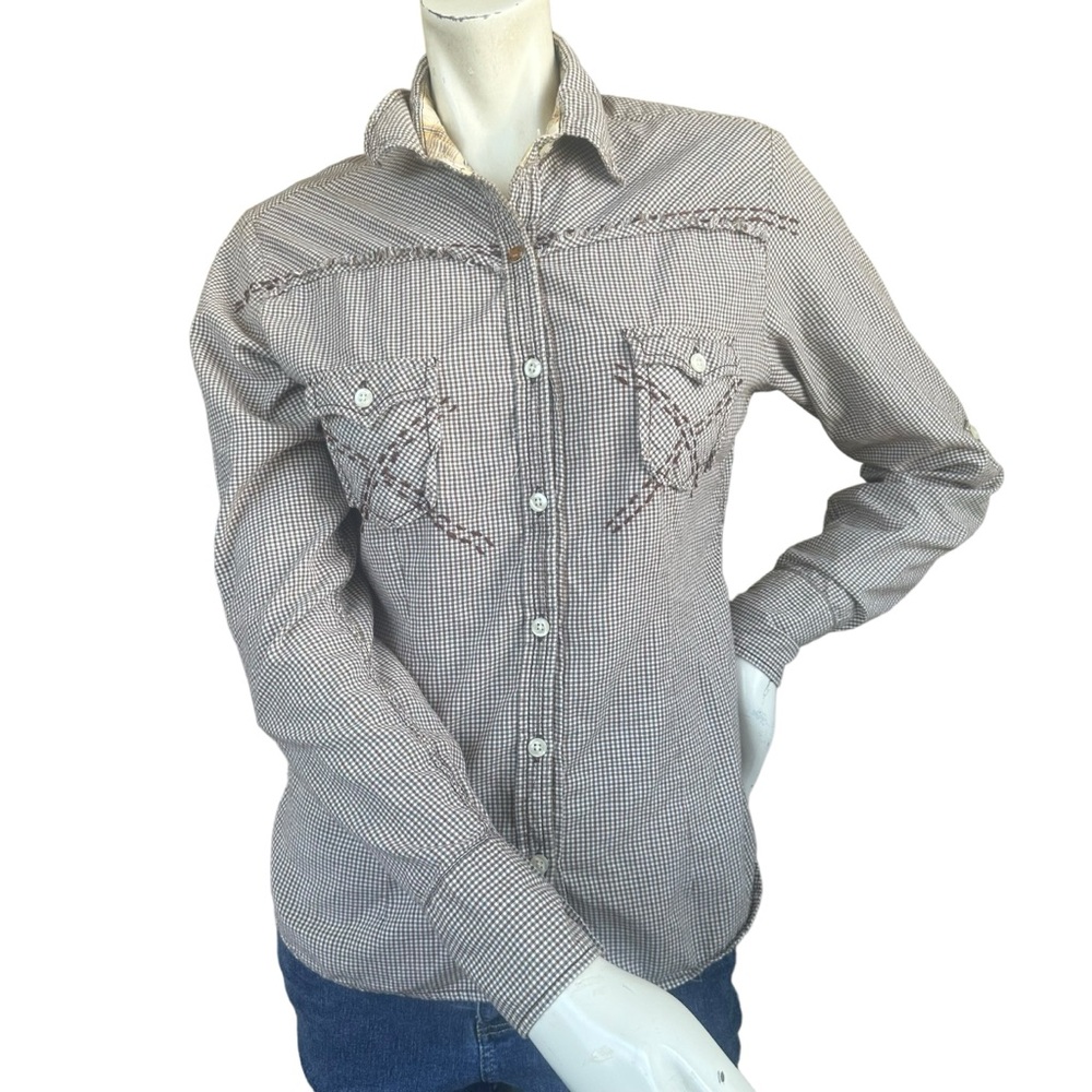 Panhandle Slim Brown Blue & White Plaid Contrast Stitching Western Button Up XS